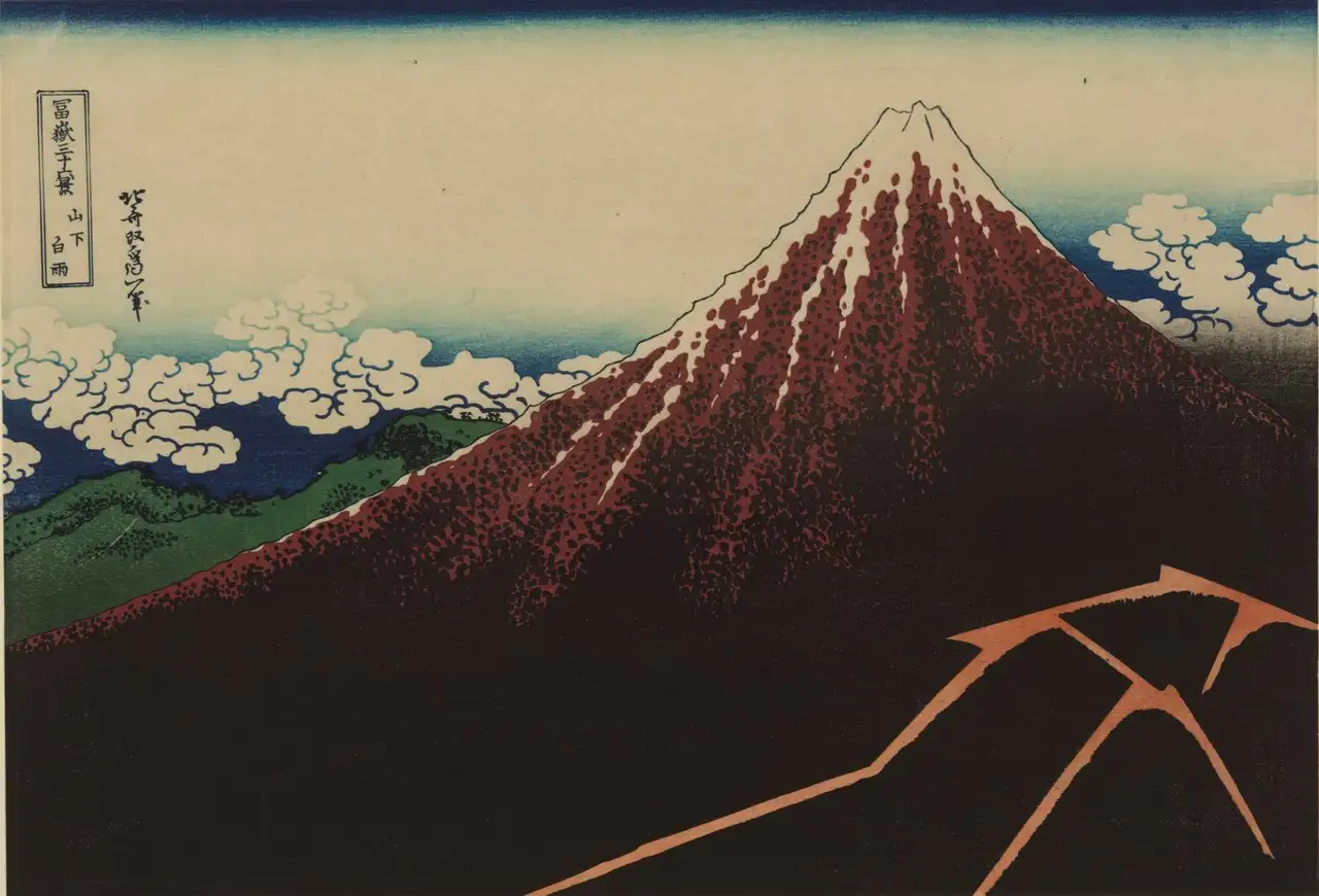 Rainstorm Beneath the Summit (Black Fuji) by Katsushika Hokusai